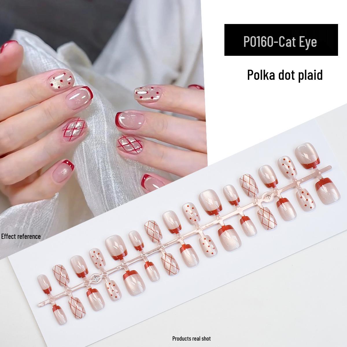 

Xiaohongshu Накладные ногти «Кошачий глаз» - Дизайн «Французский бант и горошек»