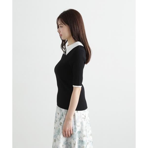 Proportion Body Dressing Collared Short Sleeve Ribbed Knit Black Women's 2-Way Sweater,