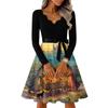 Women's Casual V-Neck Long Sleeve Vintage Halloween Print Dress