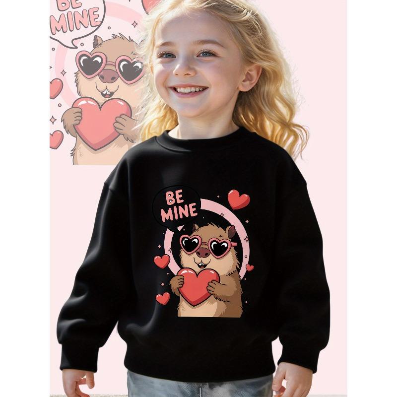 Kids Crewneck Long Sleeve Pullover Sweatshirt, Cartoon Capybara Holding Hearts Graphic Print