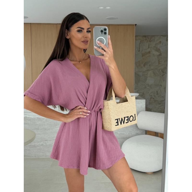 2025 Neuer Sommer tiefer V-Ausschnitt Kurzarm Taillenraffung Jumpsuit Shorts