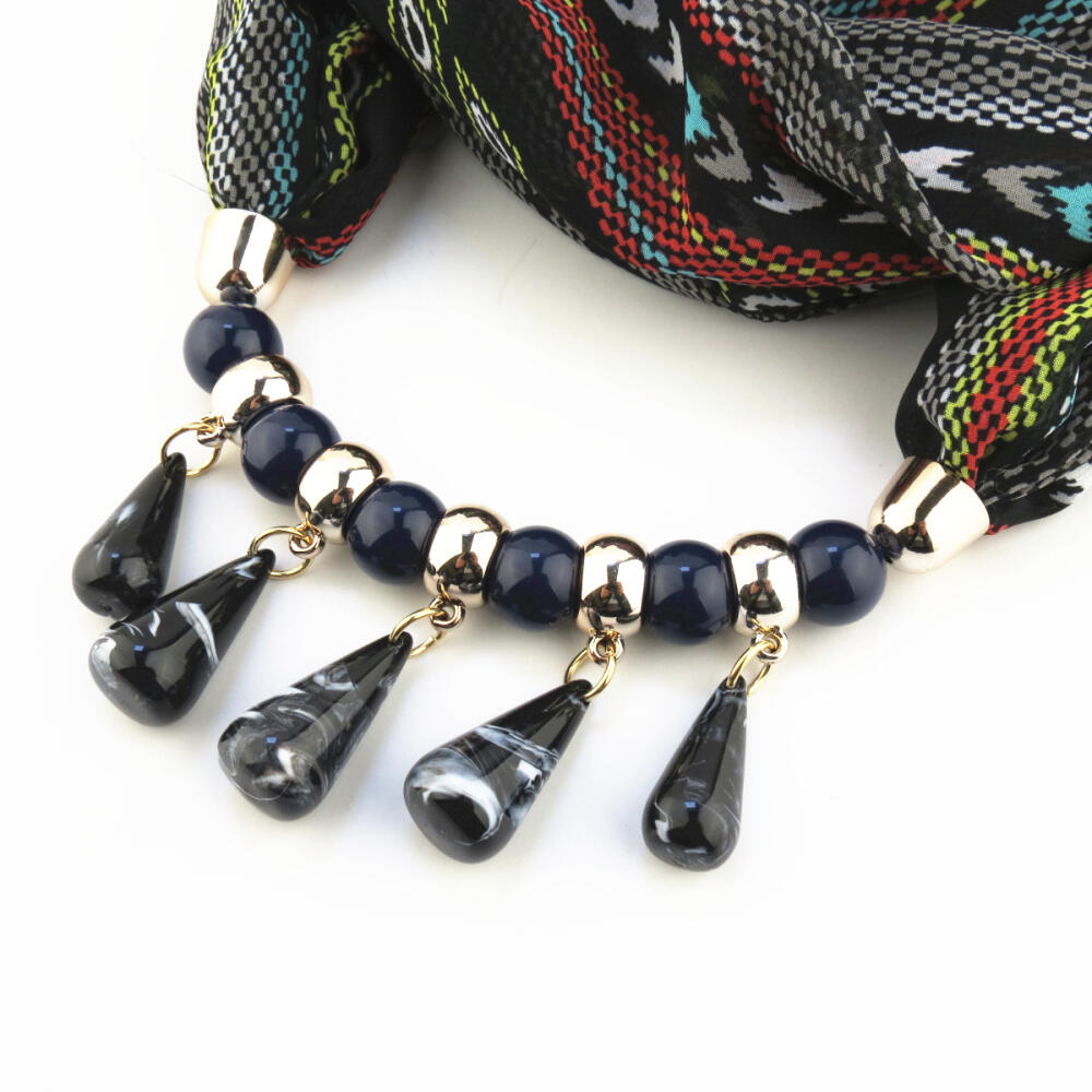 Vibrant Chiffon Infinity Scarf with Ethnic Print & Beaded Tassel Necklace – Women’s Boho Fashion Accessory