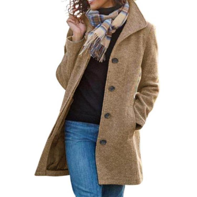 

Winter Thicken Women Wool Overcoat Mid Length Notch Lapel Single Breasted Trench Coat Work Office Pea Coat S хаки