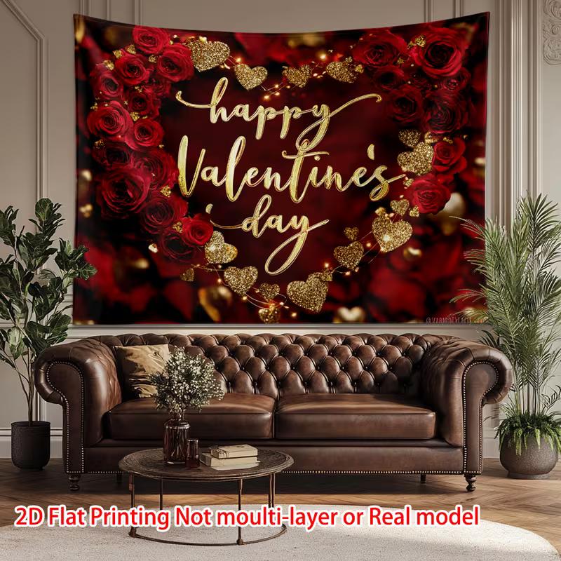 2D Happy Valentine's Day Banner, Red Rose & Gold Glitter Heart Background for Valentine's Photo Booth
