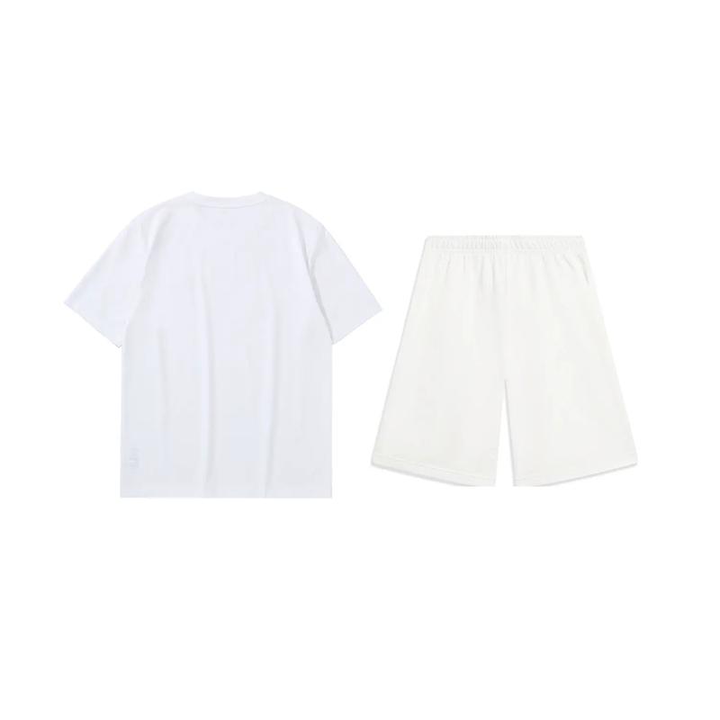 Li Ning Logo Fashion Simple Comfortable Breathable Round Neck Pullover Short Sleeve T-Shirt Casual Sports Set Unisex Tops White AHSU801-1+AKST593-7