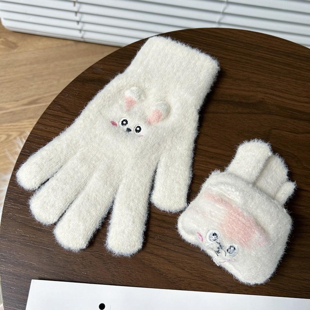 Rabbit Pattern Full Finger Embroidered Gloves Polyester Winter Warm Gloves For Students