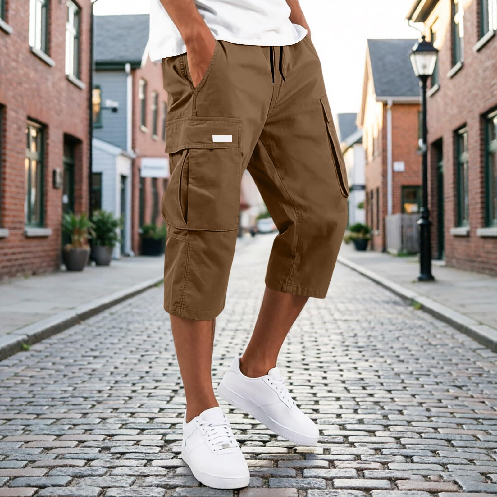 Xingben Six Heren Capri Broek met Trekkoord Taille en Meerdere Zakken Cargo Relaxte Pasvorm Zeven Achtste Lengte Casual Broek voor Dagelijks Gebruik XXXL koffie