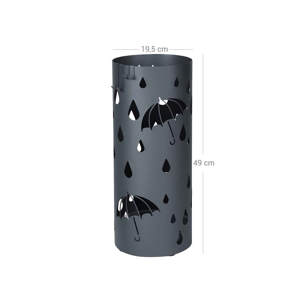SONGMICS Metal Umbrella Stand, Umbrella Holder with Water Tray and Hooks, 19.5 X 49 Cm (Dia. X H), Round, Matte Anthracite Grey