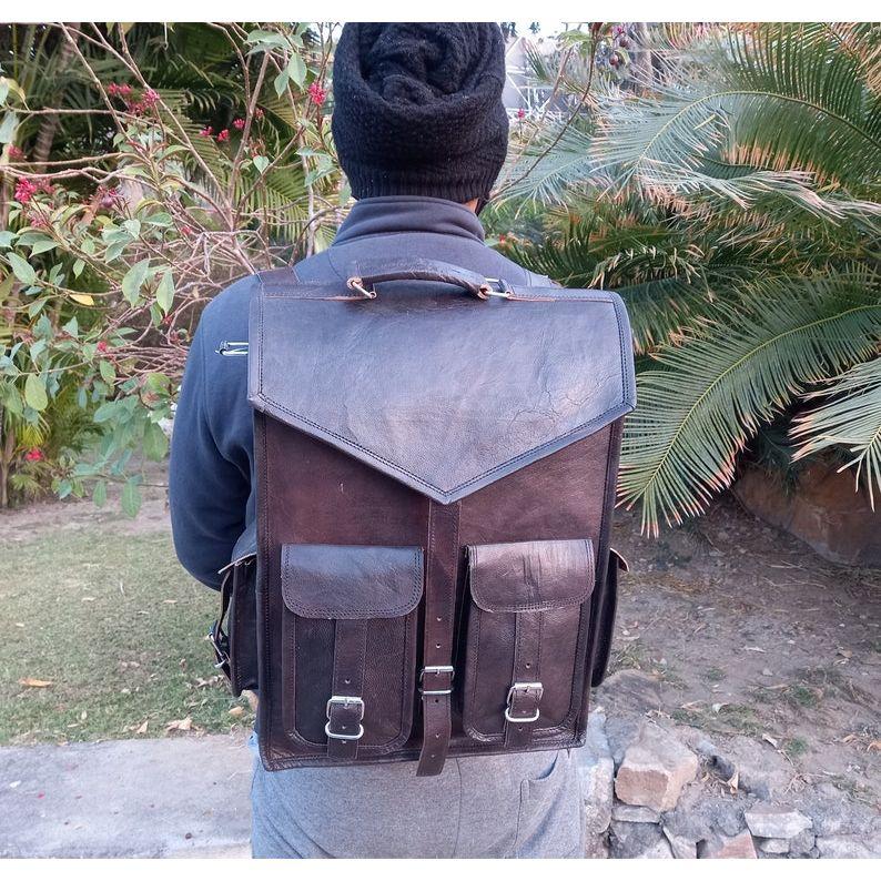 Handmade Black Leather Laptop Backpack: Men's Travel Rucksack