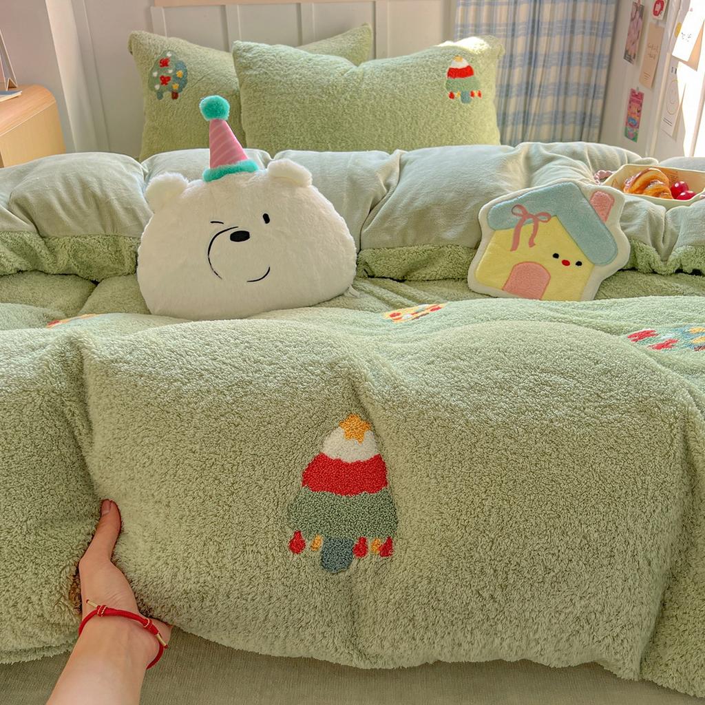 Thickened Milk Fleece Bed Four-Piece Set Warm Children'S Bedding Teddy Coral Fleece Quilt Cover Bed Sheet Three-Piece Set