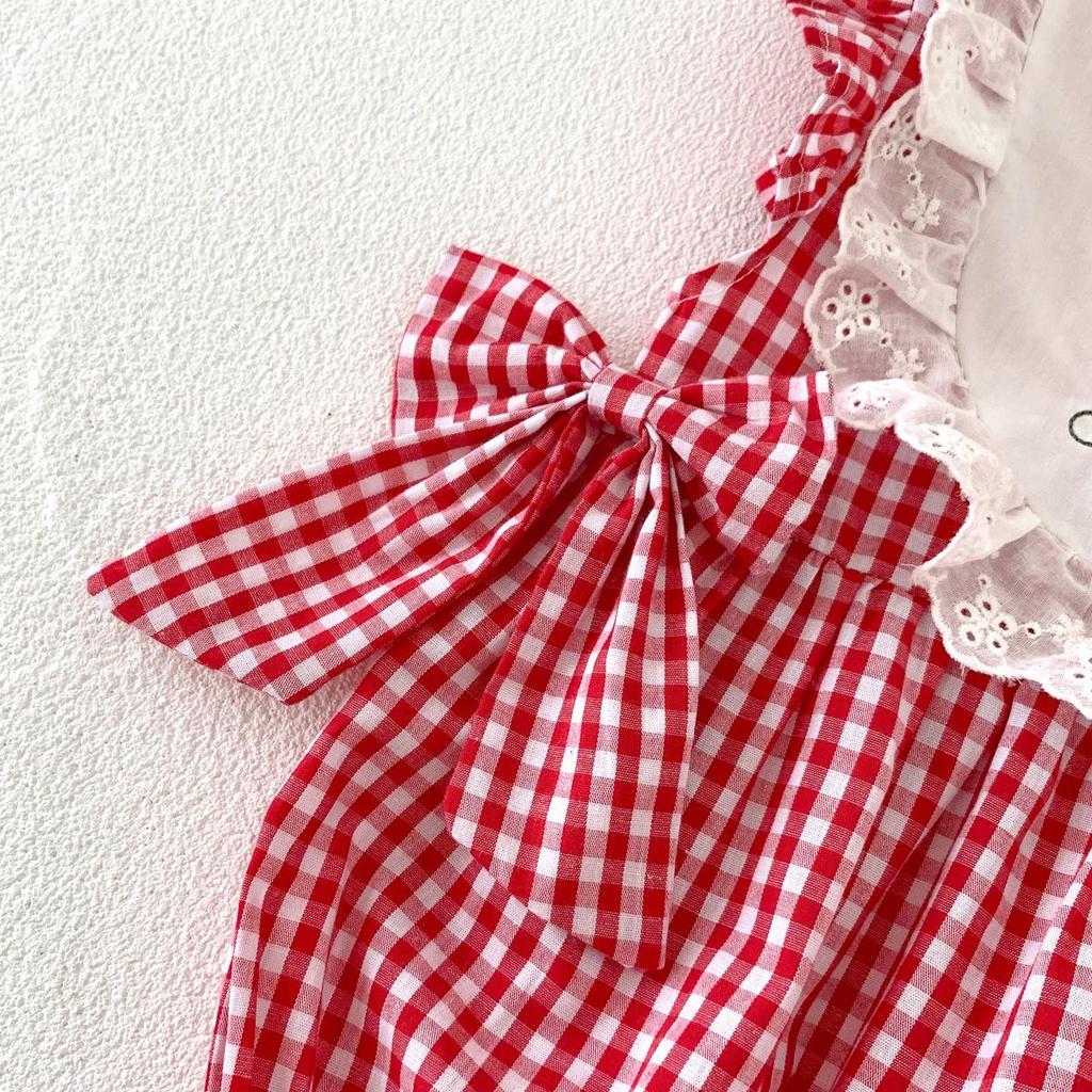 Red Check Lace Trim Sleeveless Baby Romper