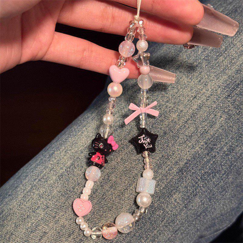 Pink Beaded Cat Bowknot Phone Lanyard for Women - Cute Anti-lost Accessory