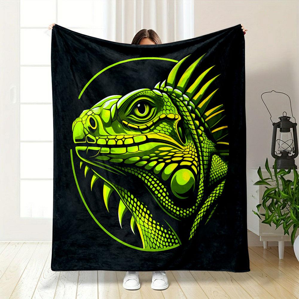 Neon Green Iguana Artwork Patterned blanket, flannel, suitable for all seasons, home decor, warm and cozy