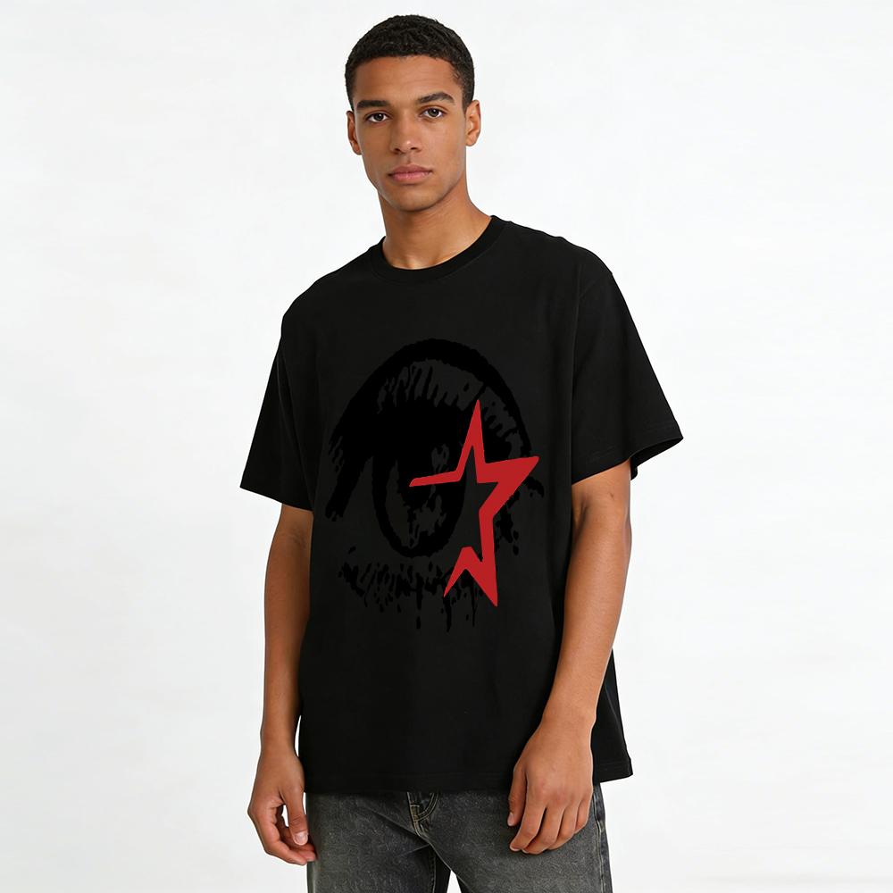 Vintage Red Star Eye Print T-Shirt Unisex Street Style Loose Crew Neck Casual Top Pure cotton T-shirt