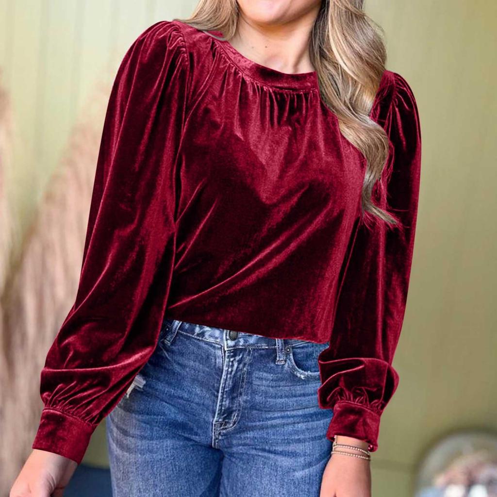 Women's Loose Gold Velvet Solid Color Pullover Round Neck Long Sleeve Top Casual Shirt