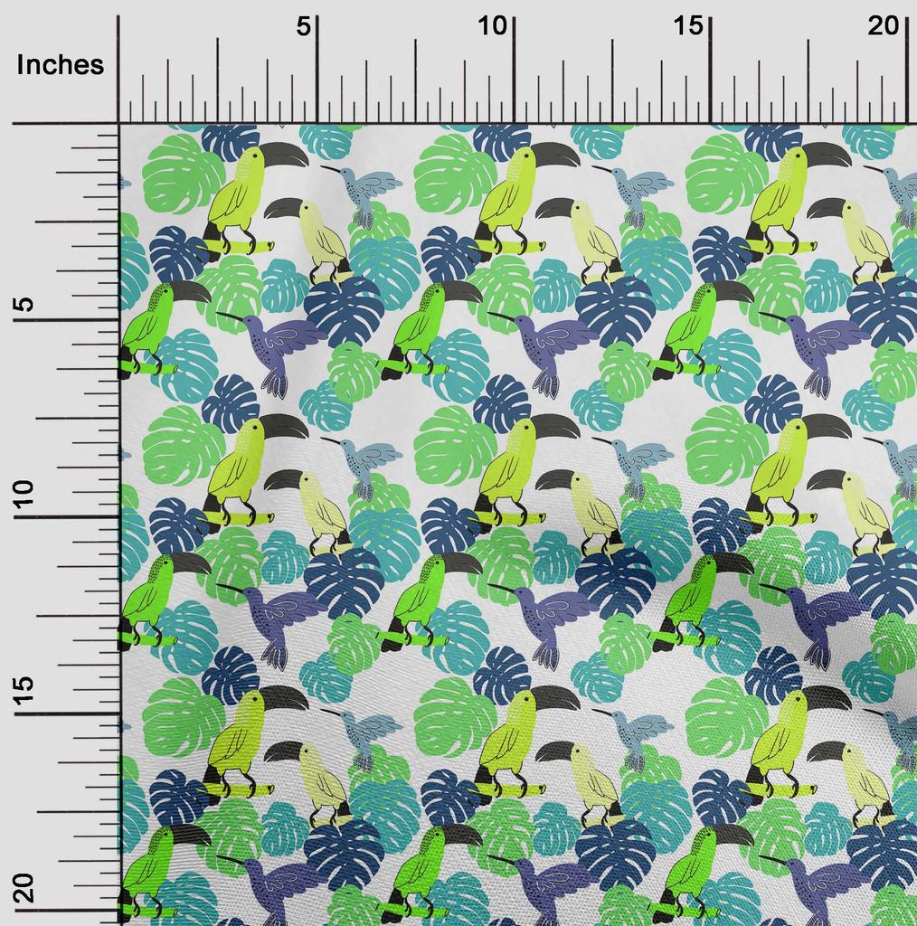 oneOone Cotton Flex Aqua Blue Fabric Tropical Floral with Birds Fabric for Sewing Printed Craft Fabric by The Yard 40 Inch