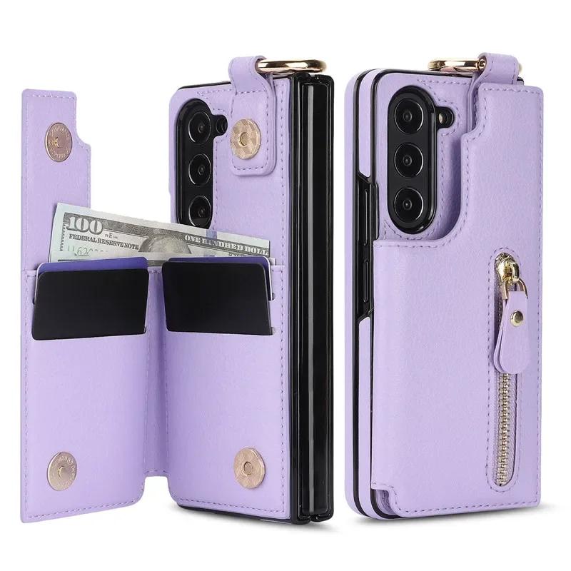 PU Leather Ring Zipper Wallet with Card Holder Phone Case for Samsung Galaxy Z Fold 6 5 4 3 Fold6 Fold5 Fold4 5G Kickstand Cover