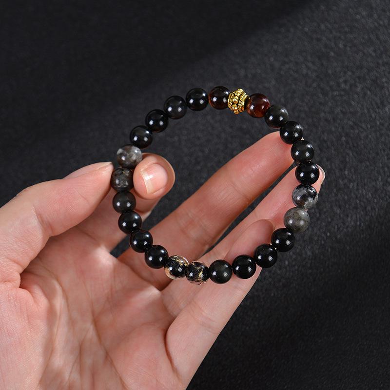 Obsidian Flame & Red Tiger Eye Beaded Bracelet: Mythical Wukong Hand Jewelry with Gold Foil Accents
