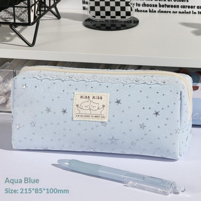 Cute Star Print Canvas Pencil Case Lace Trim Pen Bag Kawaii Cat Label Stationery Pouch For Student