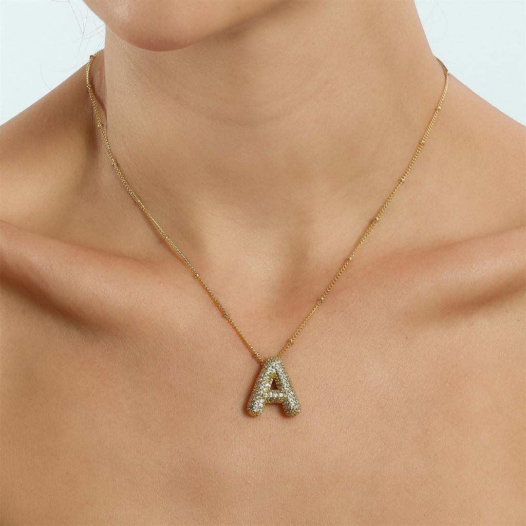 Light Luxury Brass 26 English Bubble Letter Zircon Large Pendant For Women's Party Jewelry Necklace