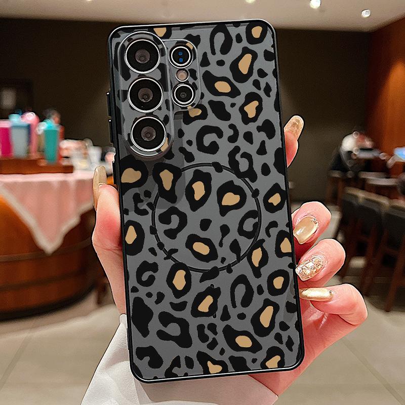 Magnetic For Magsafe Case For Samsung Galaxy S26 Ultra S25 Edge S24 Plus S23 FE S22 A54 A55 A56 5G Yellow Leopard Print Matte Cover