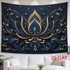 Luxury Deep Blue & Golden for Lotus Scrollwork Tapestry - Horizontal Wall Hanging Suitable for Decor, Elegant Asian with Starry Night Backdrop, Fabric