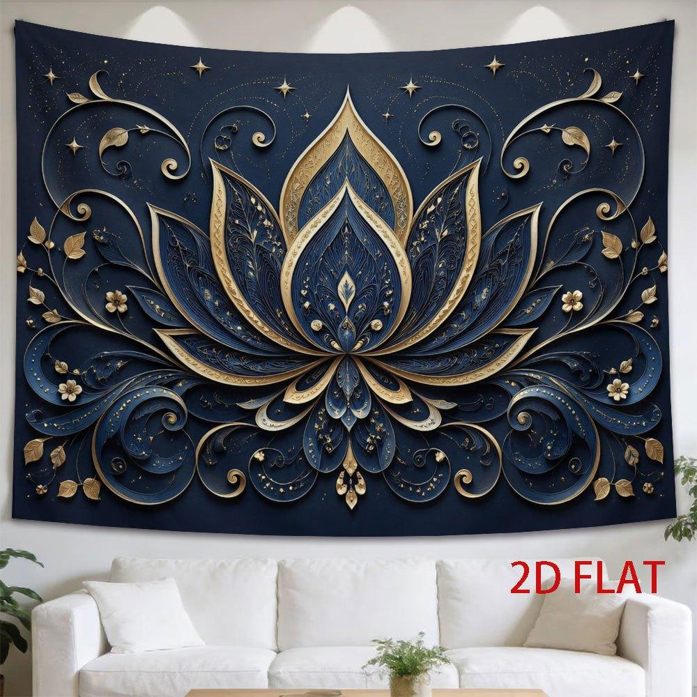 Luxury Deep Blue & Golden for Lotus Scrollwork Tapestry - Horizontal Wall Hanging Suitable for Decor, Elegant Asian with Starry Night Backdrop, Fabric