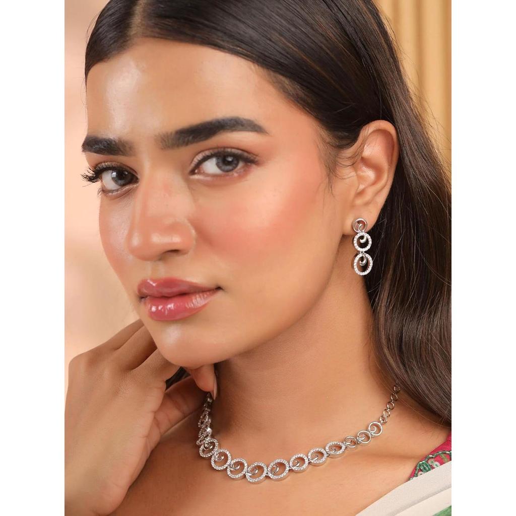 Jewellery Set for Women and Girls American Diamond Jewellery Set | Rosegold Rhodium Plated AD Necklace Set for Women