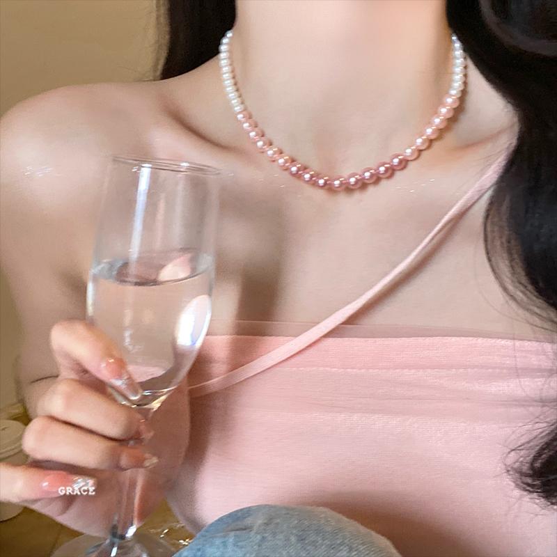 Design Gradient Pink Pearl Necklace For Girls' Sweet Accessories Party Luxurious Jewelry Sexy Collarbone Chain For Womens