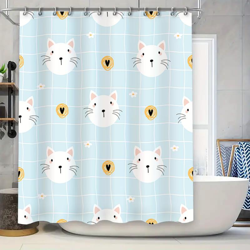 

Whimsical Cat Shower Curtain Blue Plaid Design With Yellow Coins Waterproof Fabric For Bathroom Decorations W60H190(CM)-1 Pcs