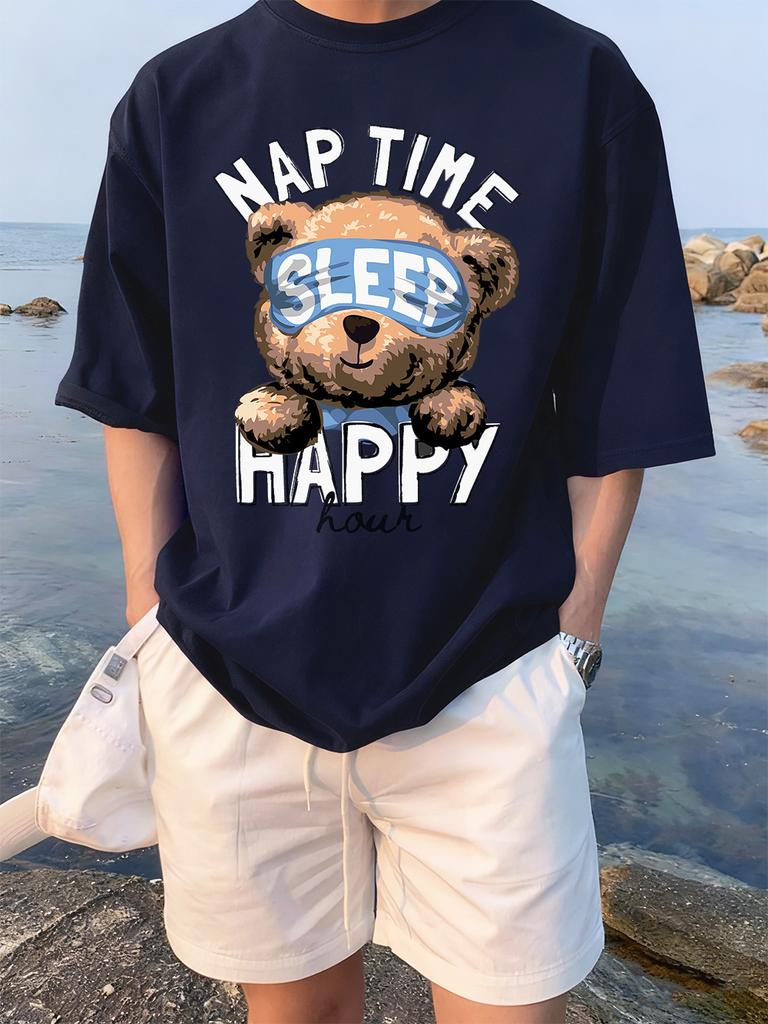 Cartoon Bear Nap Time Happy Prints TShirts Womens Cotton Summer Short Sleeve Tees Soft Loose ONeck Tops Casual Womans Clothes