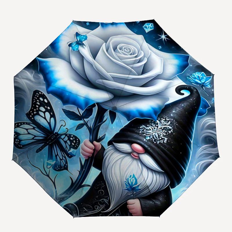 1pc Blue Rose Butterfly Gnome Automatic Opening Folding Umbrella, 8 Bone Iron Frame, Suitable for Fans, Travel, Daily Use, Festive Gift.R091
