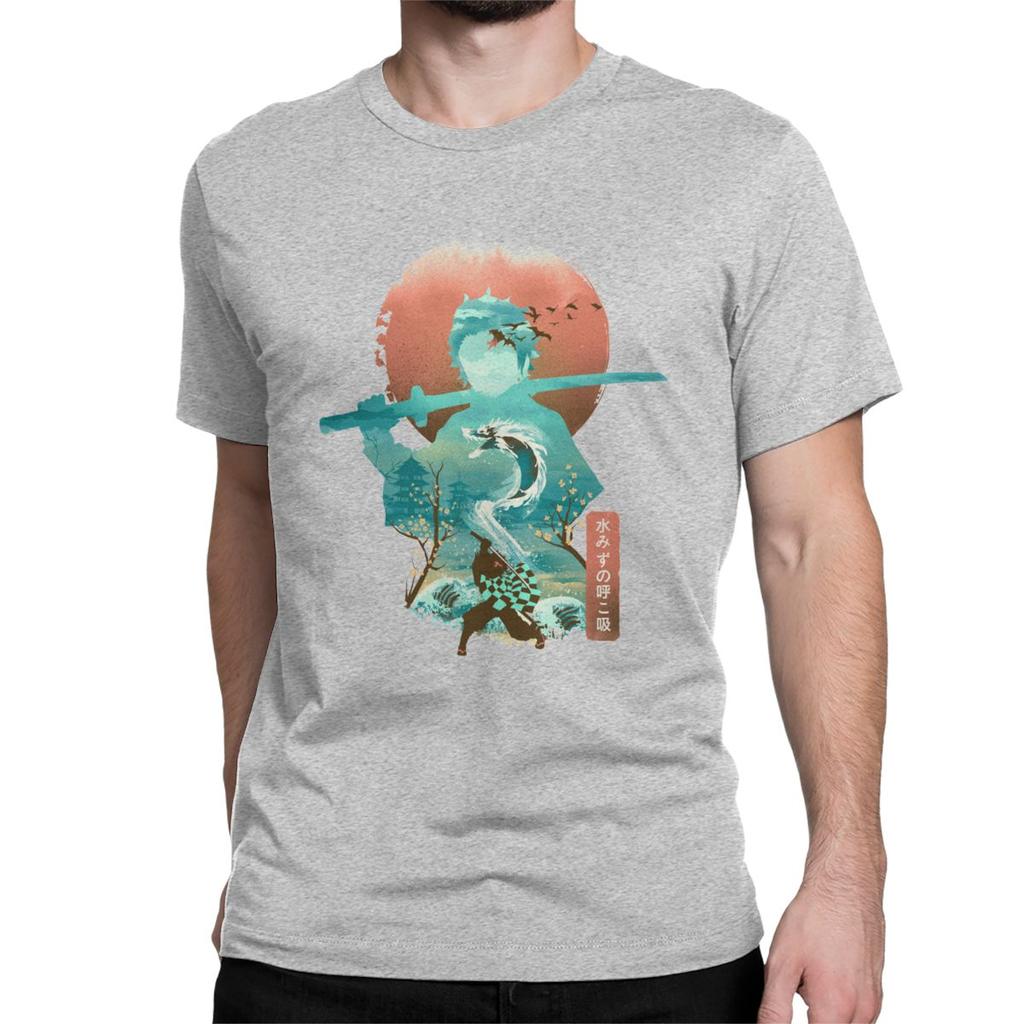 Men T Shirt Ukiyo E Breath Of Water Classic Vintage Pure Cotton Tee Shirt Demon Slayer