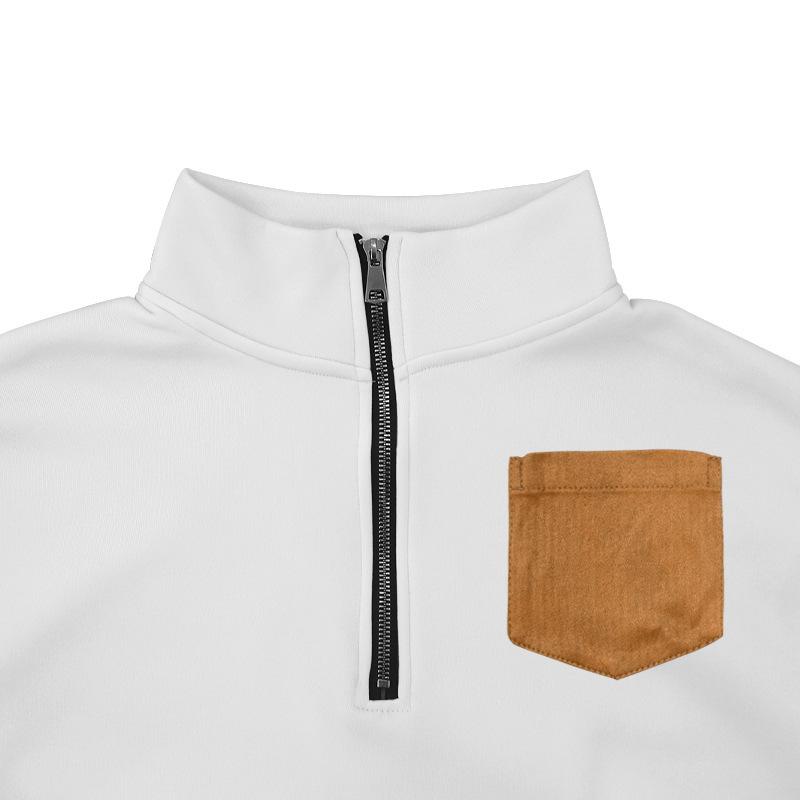 New Casual Men's Half-Zip Stand Collar Patch Pocket Thick Hooded Sweatshirt Oversized Top