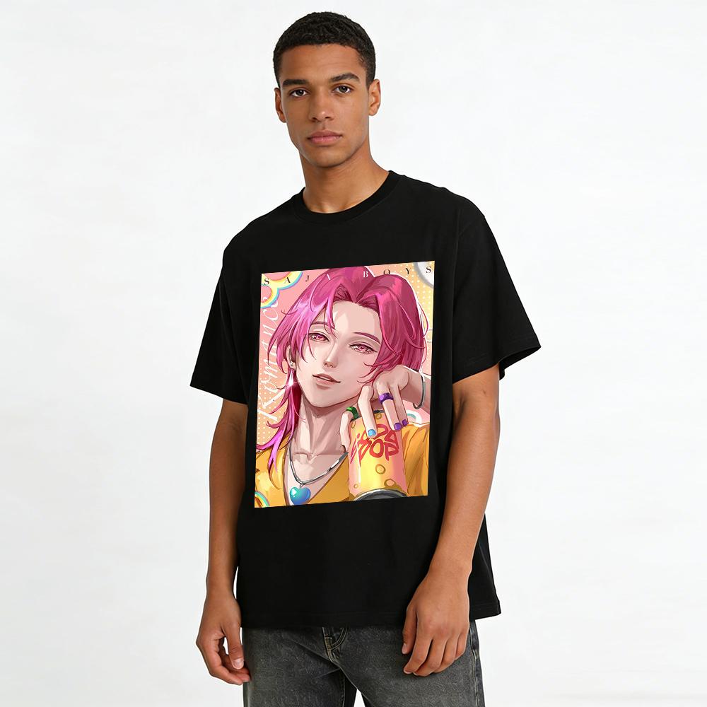 Trendy Pink Hair Anime Boy Print T-shirt Unisex Loose Casual Short Sleeve Top For Teens Pure cotton T-shirt