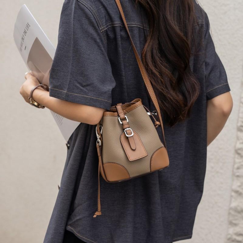 Fashionable Ins Drawstring Bucket Bag TOGO Top-layer Cowhide Contrasting Cross-shoulder Shoulder Genuine Leather Women's Single