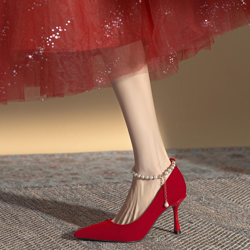 Xiuhe Wedding Shoes Chinese Red Bridal Shoes Are Not Tired, Pointed Toes, Thin Heels, High Heels, Women's Spring and Summer Pearl Chain Shoes