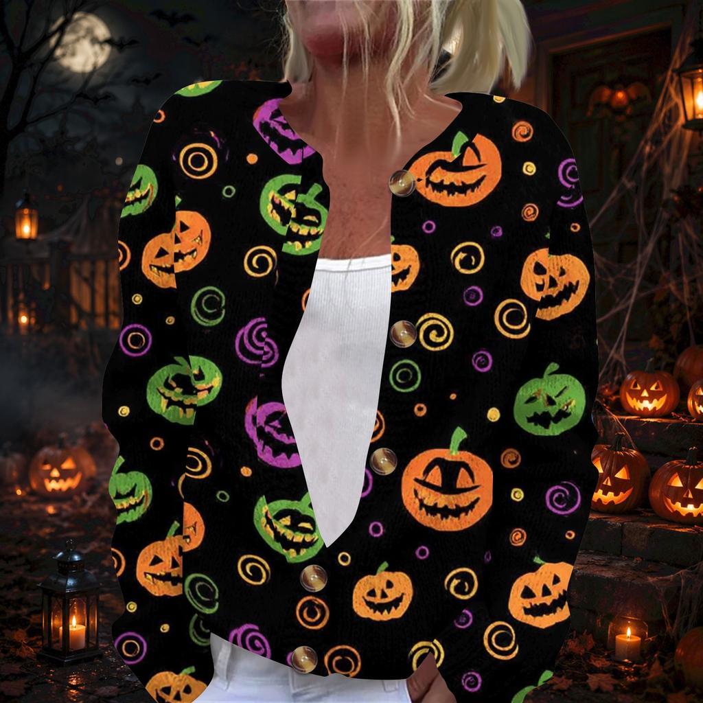 Women's Halloween Print Long Sleeve Knit Cardigan with Button Front