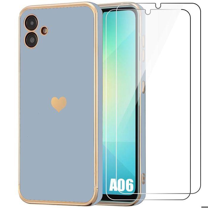 Coque + 2 Verres Trempés pour Samsung Galaxy A06, Protection Silicone Motif Cœur Antichoc - Bleu