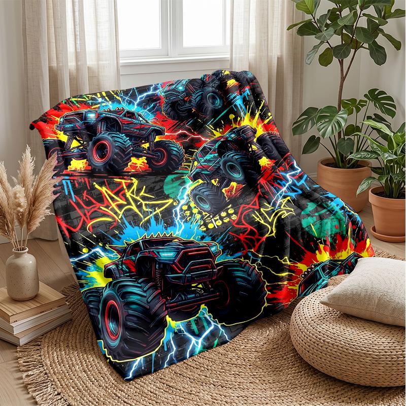 Neon Monster Truck Theme Blanket Lightweight Warm Flannel Blanket Decorative Throw Blanket for Home Decoration