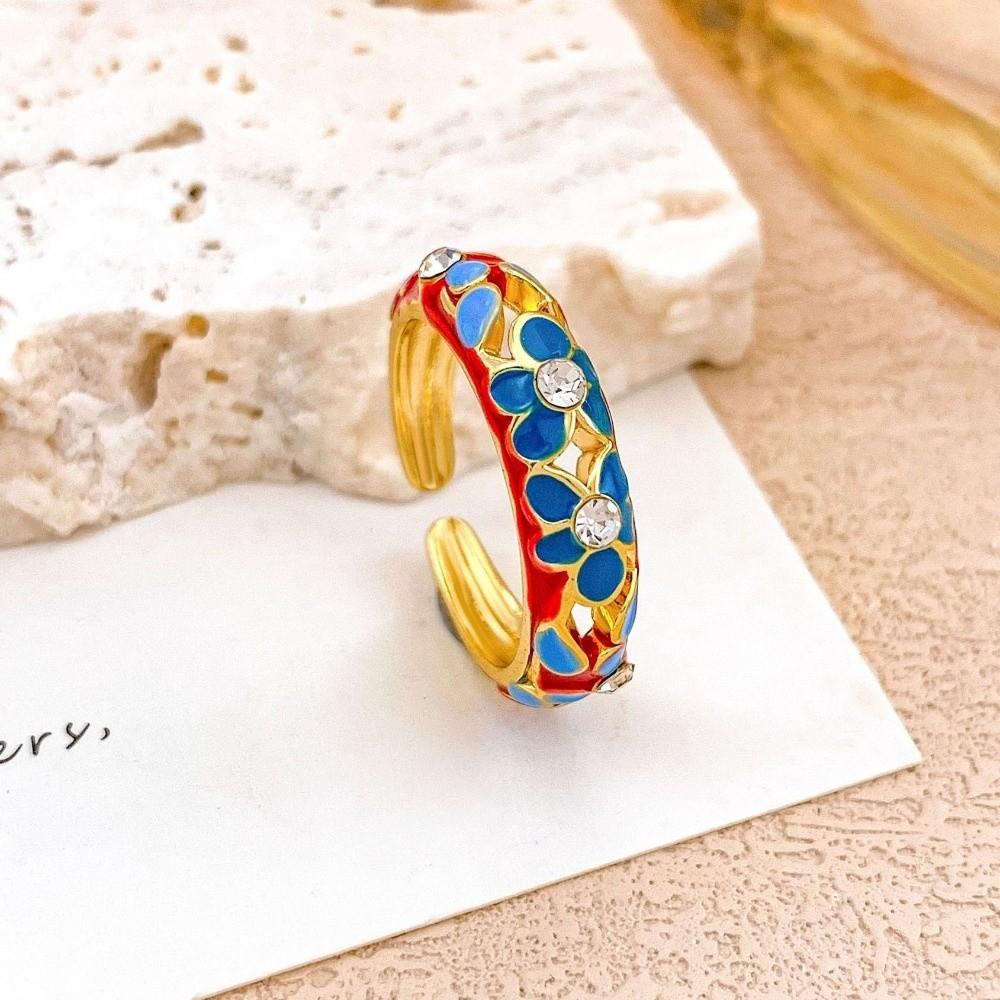 Classic Vintage Geometric Rings Engraved Gold Plated Ring Colorful Enamel Flower Rings  Engagement