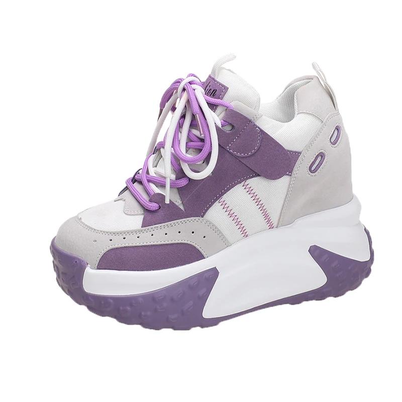 Fashion Women Platform Casual Breathable Leather Shoes New Autumn Chunky Sneakers 10.5CM Wedges Hidden Heels Leisure Sports Shoes Woman