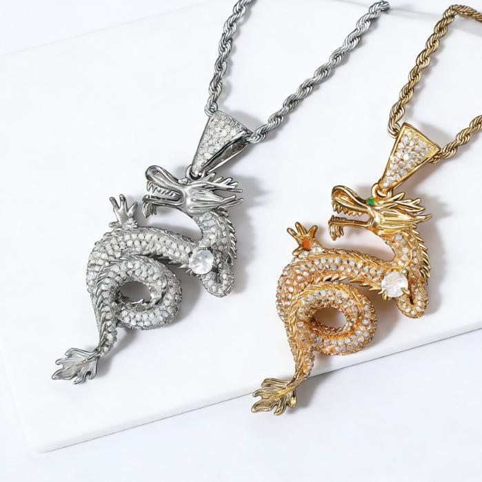 Hip Hop Zodiac Dragon Pendant Copper Inlaid Zircon Full Diamond Inlaid American High Street Men'S Twist Chain
