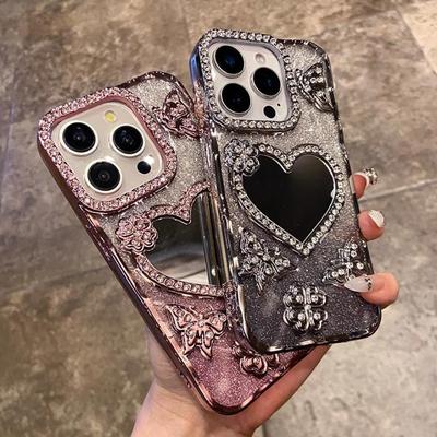 Luxus galvanisiertes Schmetterling Glitzer Diamant Hülle für IPhone 17 16 15 14 13 12 Pro Max Transparenter Herz Make-up Spiegel Abdeckung
