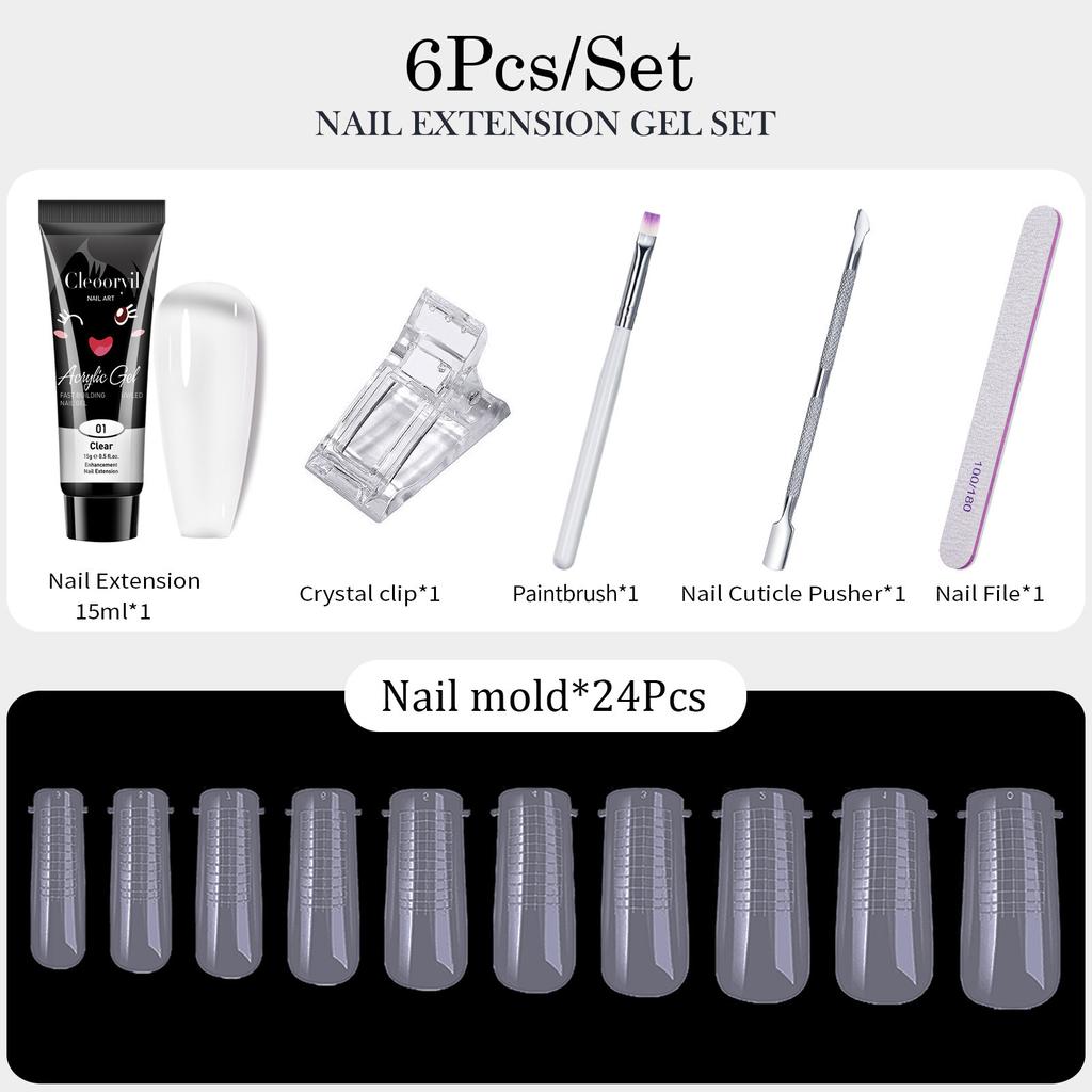 Nail Extension Gel Kit 15ml×6 Pcs Full Set Nail Form & Base Coat Long-Lasting Home Salon Nail Art Tools