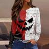 Women's Halloween Print Long Sleeve Top with Round Neck and Hem Slit for Casual Party Wear