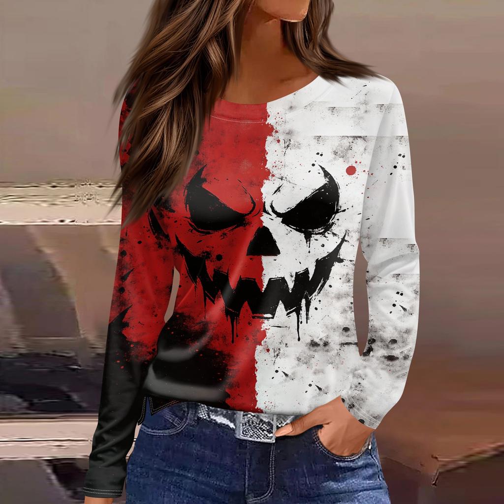 Women's Halloween Print Long Sleeve Top with Round Neck and Hem Slit for Casual Party Wear