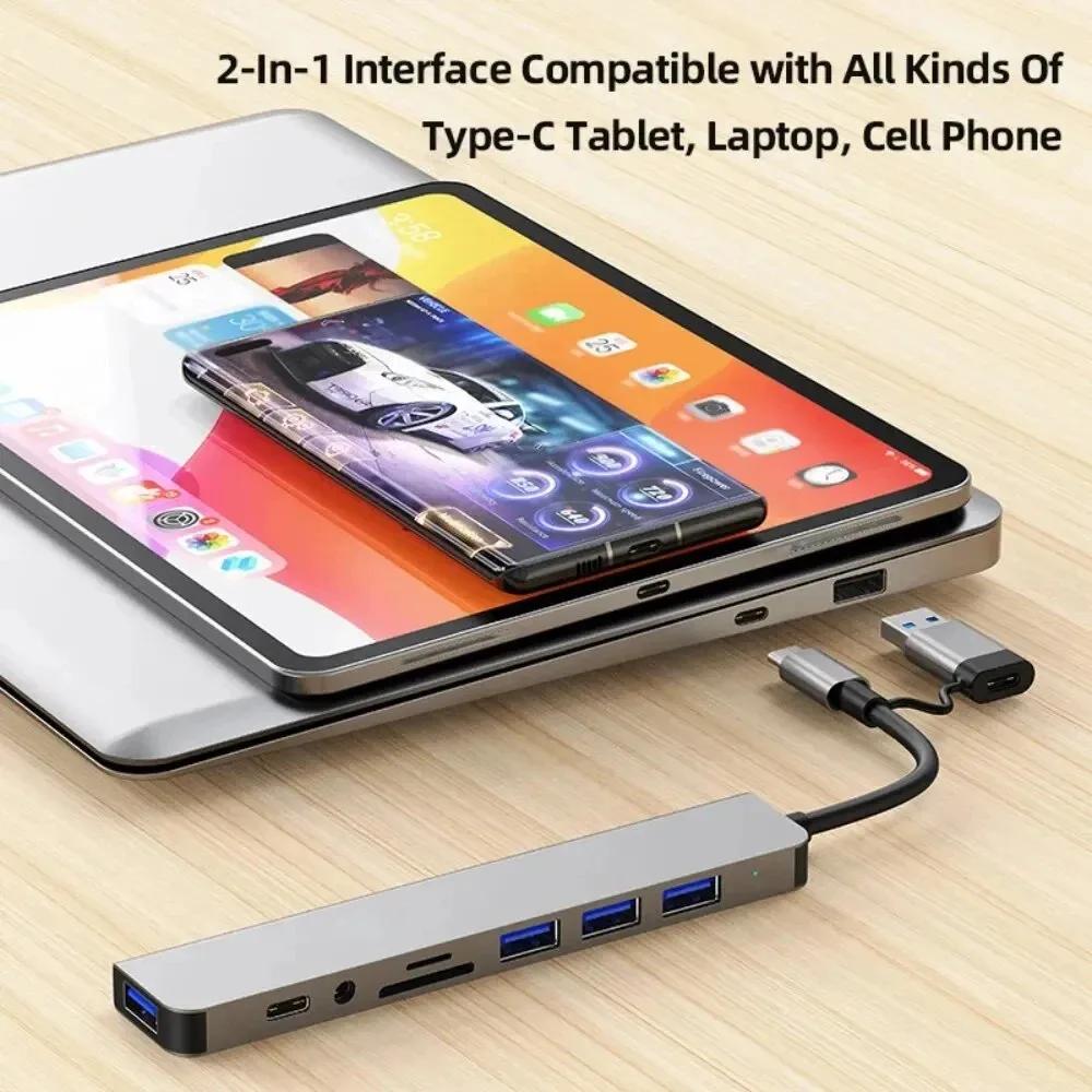 Aluminum 7-in-1 USB C Hub 3.0 with 1X USB 3.0 4X USB 2.0 2X USB C Ports Extender Splitter for Laptops Tablets