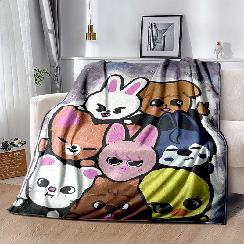 Kawaii Cartoon Animal Characters Print Flannel Blanket, Black Background Throw Blanket