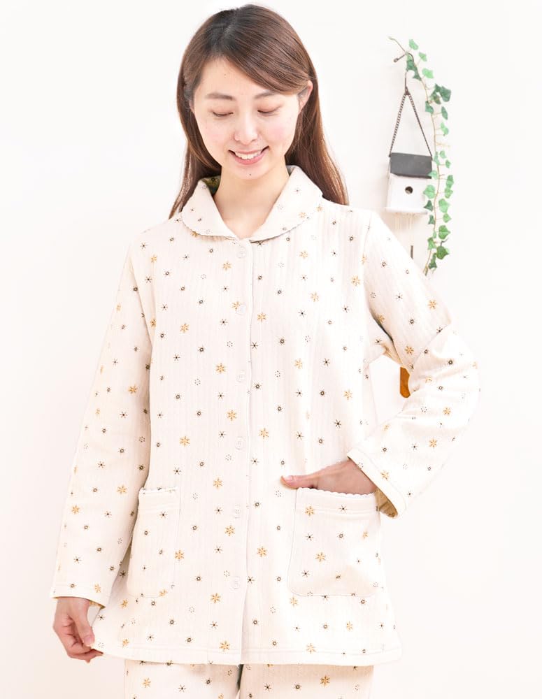 Eye Pajamas with a Crystal Pattern and Cotton Quilted Knit Perfect for 40010 K's Women's Long-Sleeved, Open-Front 100% Fill, Winter, (S, Ivory)